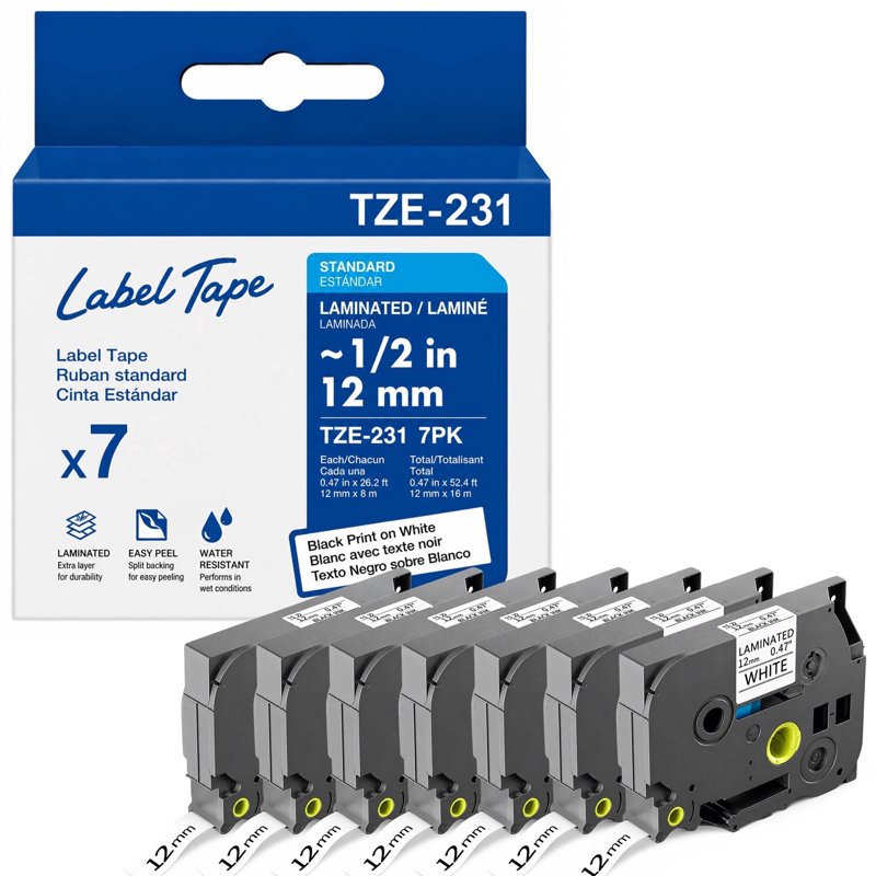 7-Pack Label Maker Tape TZc231 for Brother P-touch 1/2" Laminated Black on White