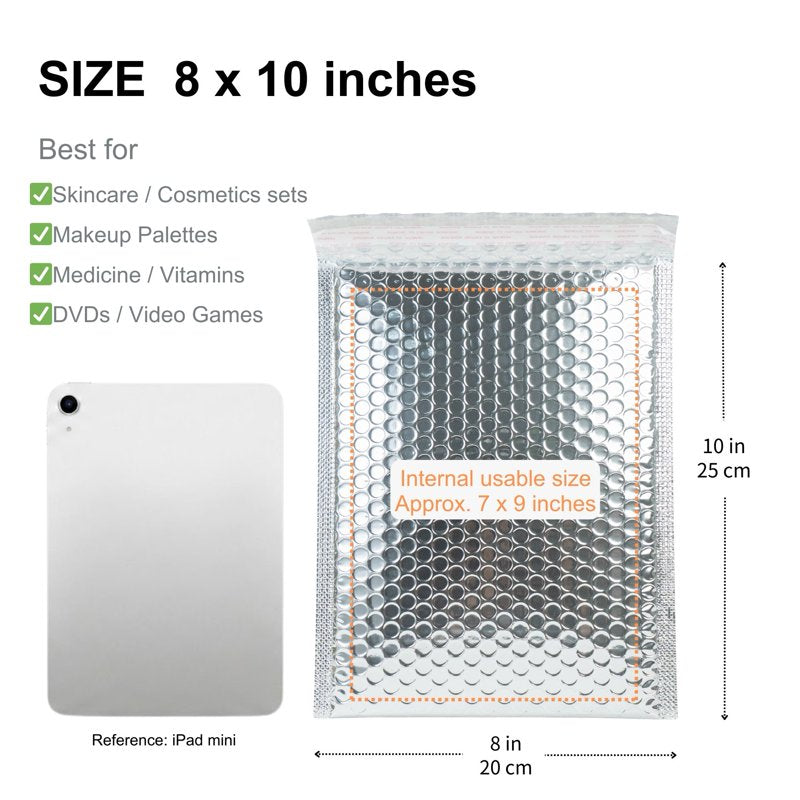 50 Pack Insulated Silver Metallic Bubble Mailers - Self Seal Padded Envelopes