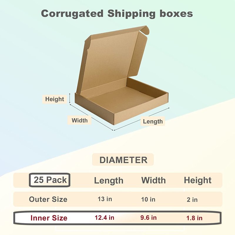 25 Pack Brown Corrugated Shipping Boxes - 13x10x2 Inches