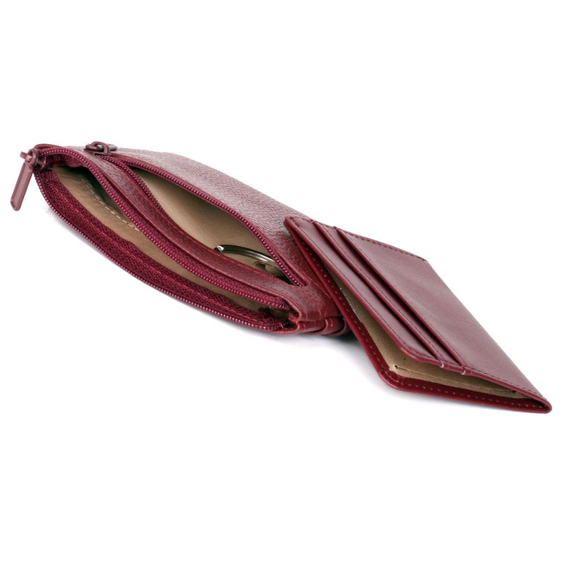 Women's Leather ID Coin Card Case with Zipper & Card Slots - Red