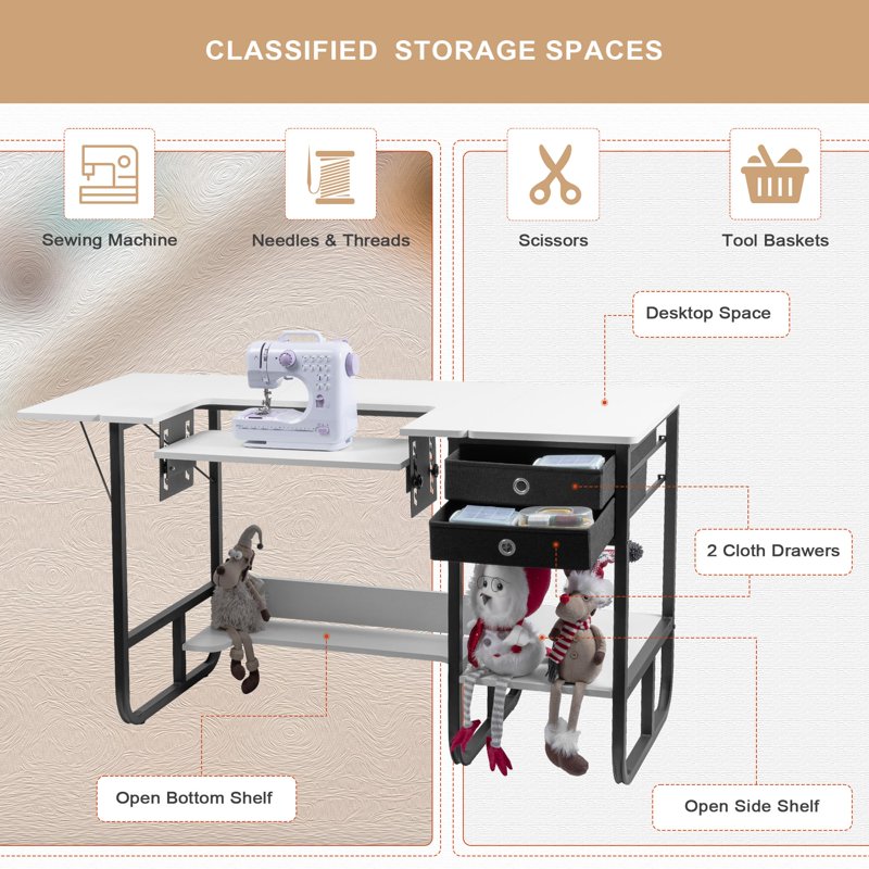 Foldable Sewing Machine Table with Storage Shelf and Adjustable Platform
