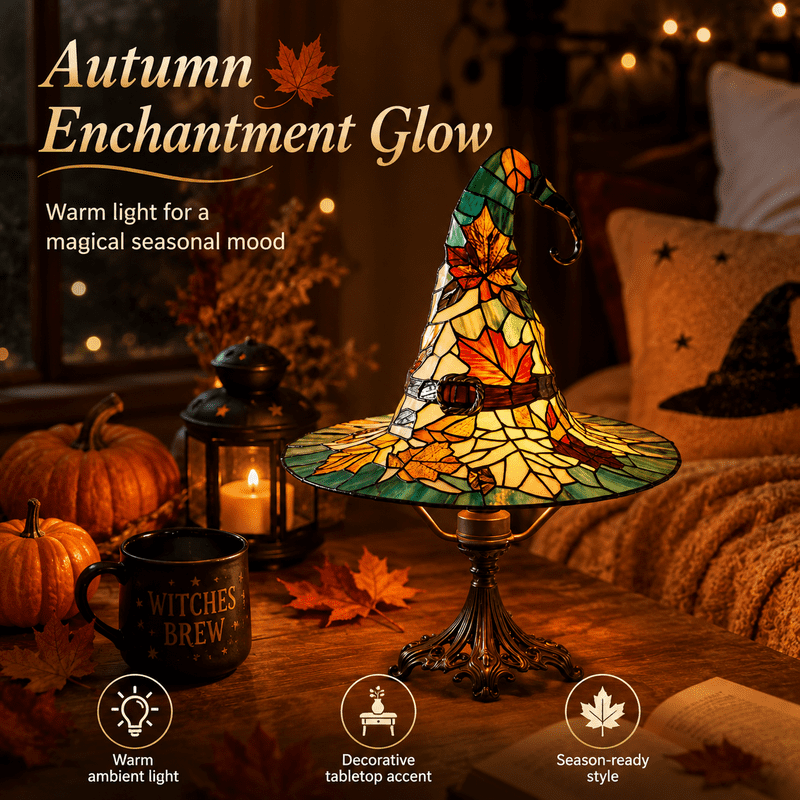 Gothic Witch Hat Table Lamp - Halloween Night Light, Colorful Art Glass Decor