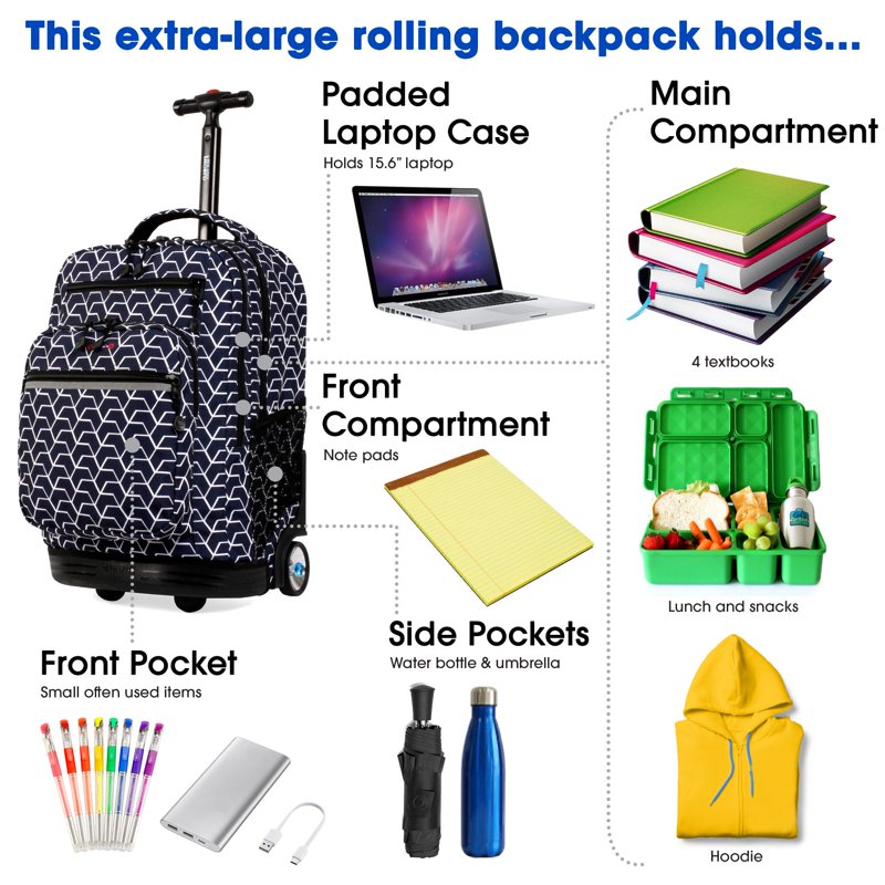 20-Inch Rolling Laptop Backpack with Wheels and Spacious Organizer