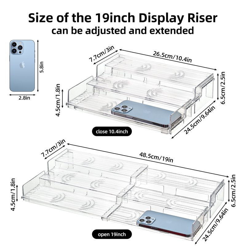 3-Tier Clear Display Riser Stand - Extendable Adjustable Shelf Organizer for Perfume, Cupcakes, Figures & More