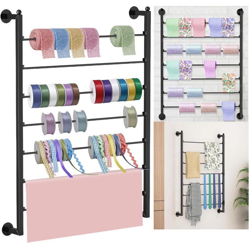 7 Tier Wall-Mounted Ribbon Storage Rack Metal Organizer for Crafts & Retail