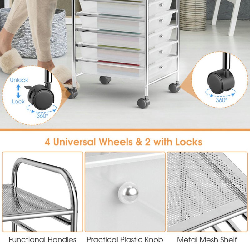 10-Drawer Rolling Storage Cart with Lockable Casters - Home Office & Craft Organizer