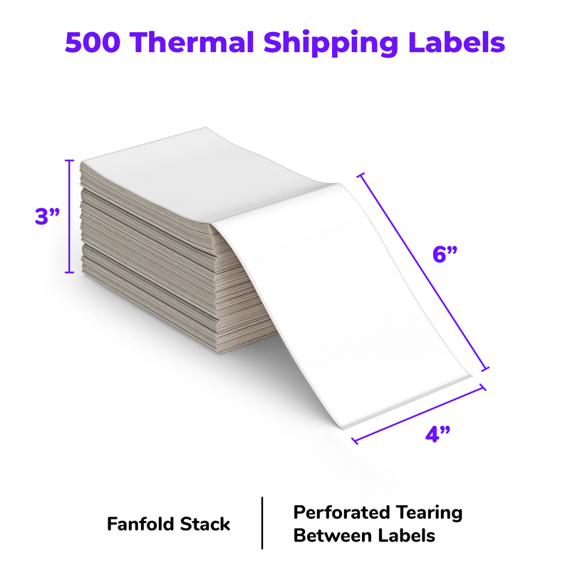 Thermal Shipping Labels 4x6 Inch Fan-Fold Pack of 500 - Strong Adhesive & Eco-Friendly