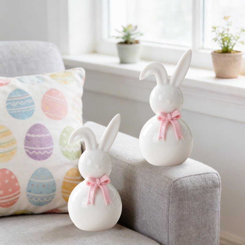 Ceramic Bunny Figurines with Bow - 6 Inch Easter Home Decor & Centerpiece
