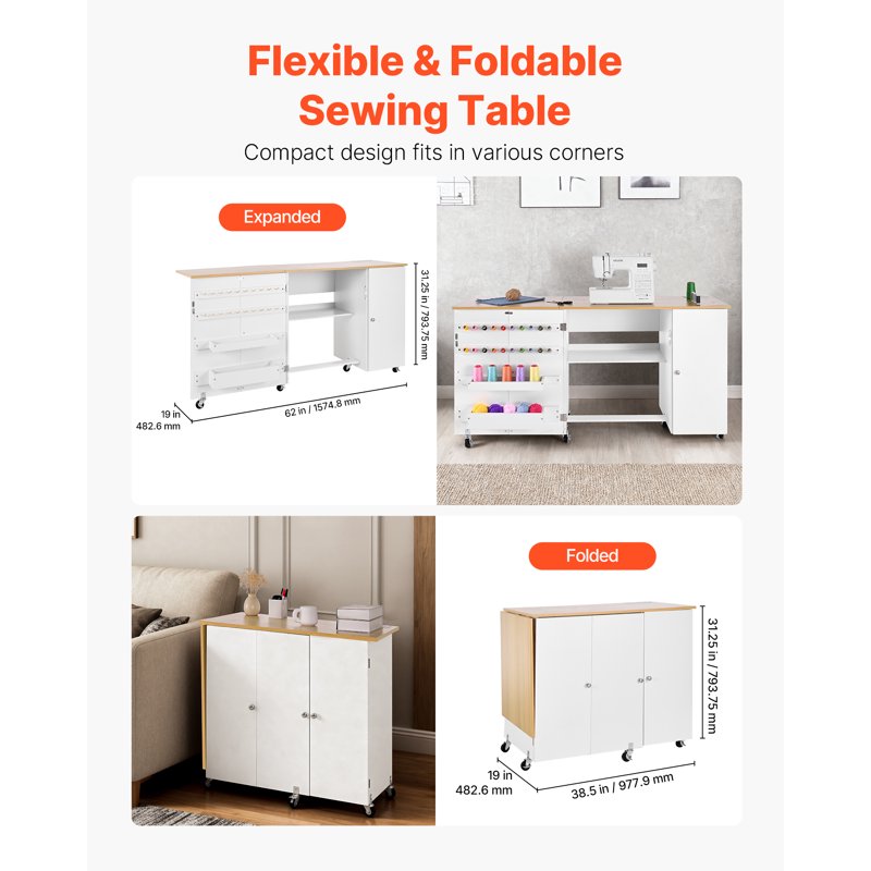 Foldable Sewing Table with Storage & Power Outlets - Multipurpose Craft Desk