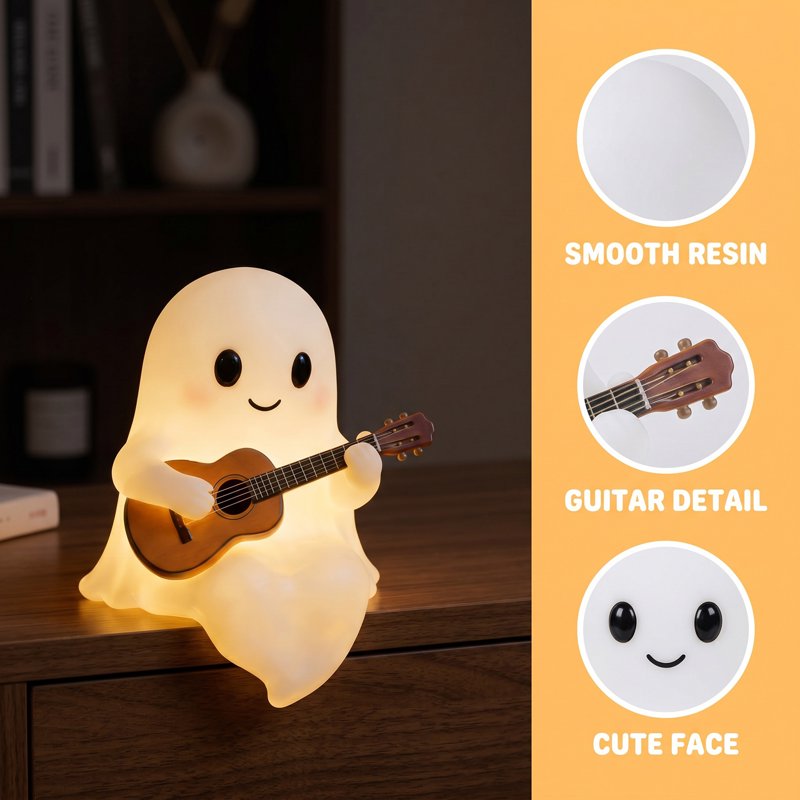 Halloween Ghost Night Light - Cute Ghost Playing Guitar Figurine Lamp for Party Bedroom Home