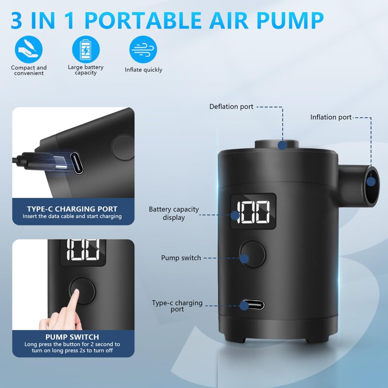 Portable Electric Air Pump with Type-C Charging for Inflating and Deflating Pool Floats, Air Beds, and Inflatables