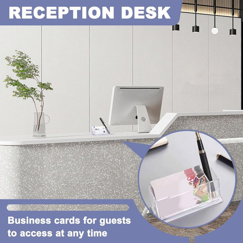 6 Pack Acrylic Business Card Holders with Pen Slots - Clear Desk Organizer