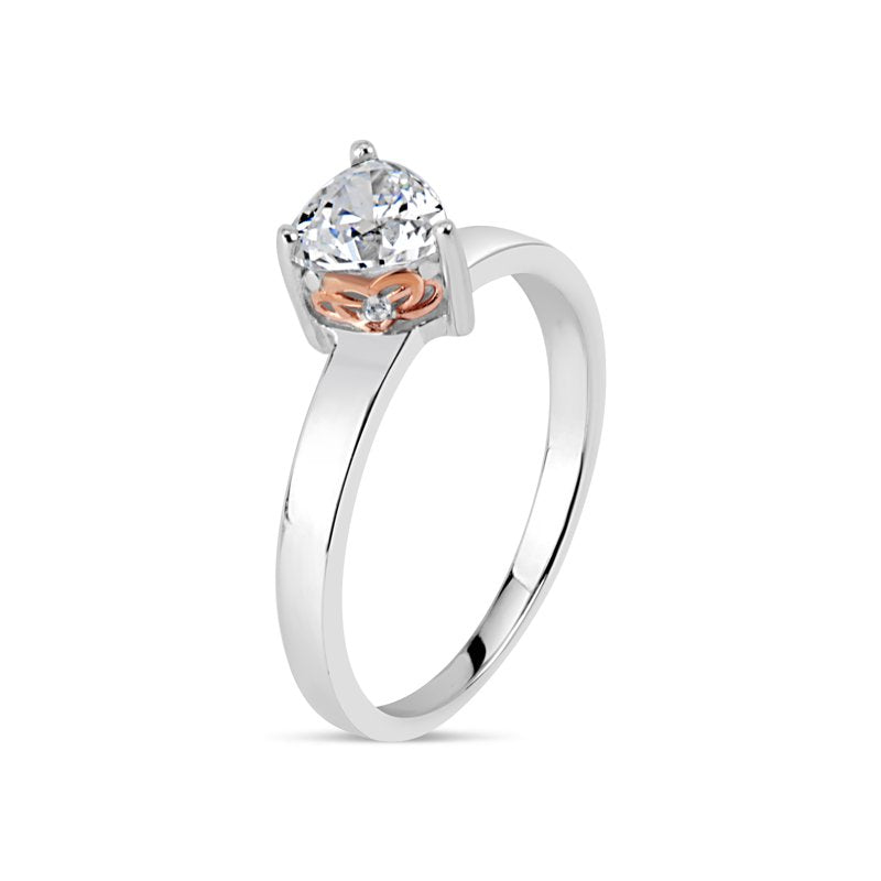 Sterling Silver Heart Swarovski CZ Ring with Rose Gold Plated Filigree Sides
