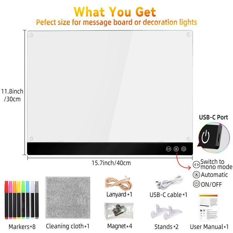 LED Magnetic Dry Erase Board with RGB Lights and Accessories - 11.8x15.7 Inches