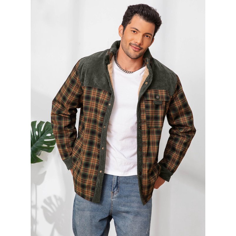 Light Army Green Fexilor Men’s Corduroy Plaid Sherpa Lined Flannel Shirt Jacket, XL