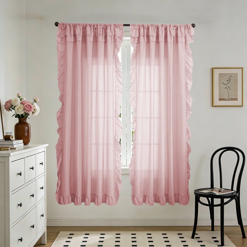 Semi-Sheer Long Curtains with Ruffle Trim - Lightweight Bedroom & Living Room Window Drapes