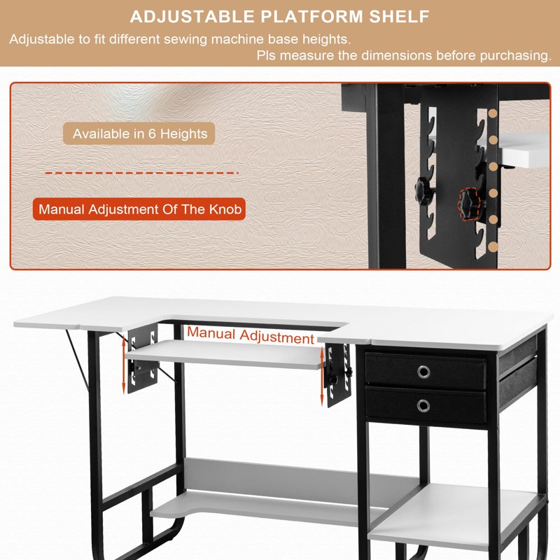 Foldable Sewing Machine Table with Storage Shelf and Adjustable Platform