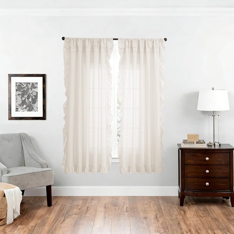 Semi-Sheer Light-Filtering Window Curtains with Ruffle Trim - 96 Inches Long