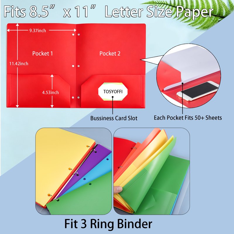 Plastic Pocket Folders 14-Pack Assorted Colors with 2 Pockets & 3-Hole Punch