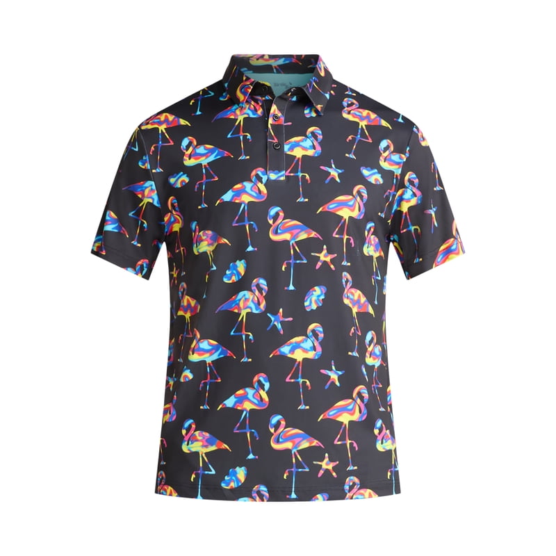 Birdie Bound Men’s and Big Men's Novelty Print Golf Polo Shirt – Black Flamingo, XL (S-5XL)