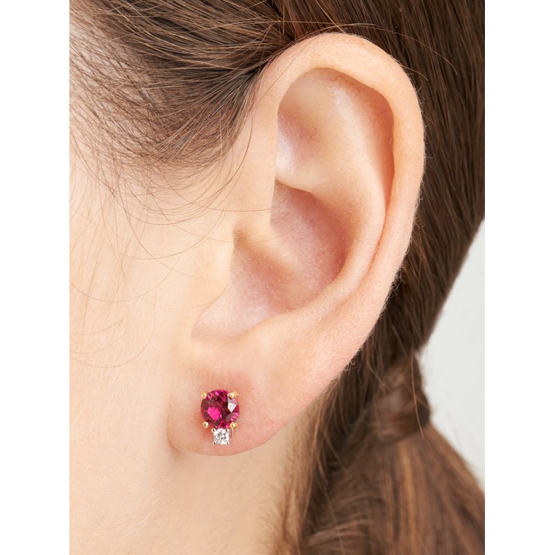 Sterling Silver Two Stone Earrings with Created Ruby and Lab Grown Diamonds - Platinum Over Silver