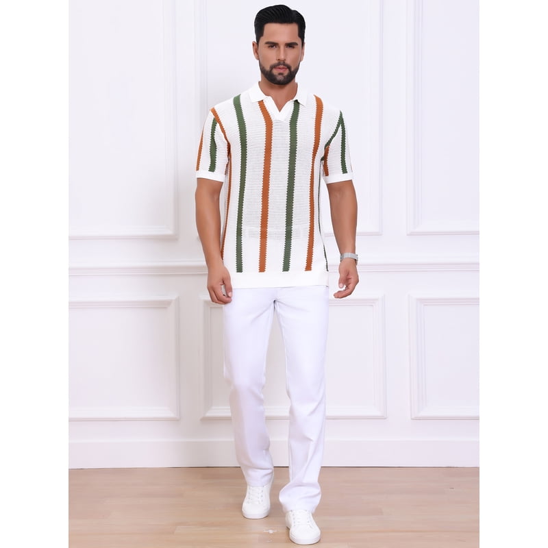 Daring Diva White Hollow Knit V-Neck Polo Shirt - M