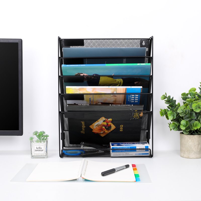 Mesh 5-Tier Wall Mount File Organizer with Bottom Tray for Office & Home