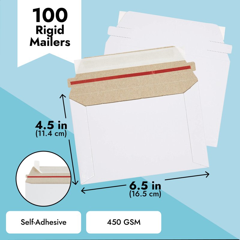 Bulk 100 White Rigid Mailers 6.5 x 4.5 Inches Self-Sealing Envelopes for Shipping Photos & Postcards