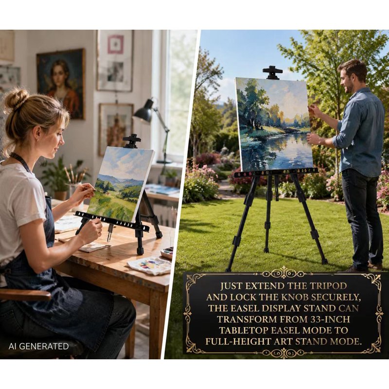 Adjustable Aluminum Painting Easel with Floor & Tabletop Height 17-61in, Poster & Sign Stand, 25lb Capacity