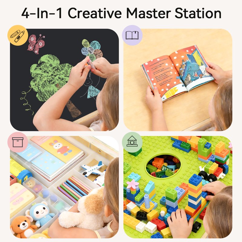 Kids Reversible Wooden Activity Table & Chair Set with Storage and Building Blocks