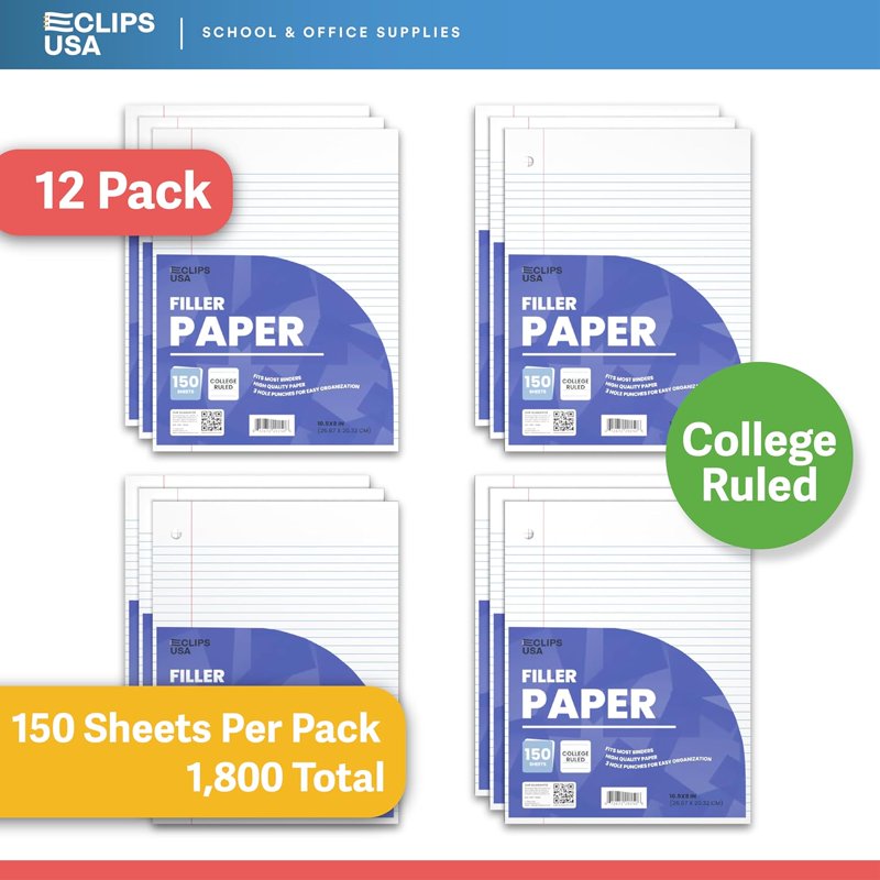 College Rule Filler Paper Set - White Loose Leaf Notebook Paper for School & Office