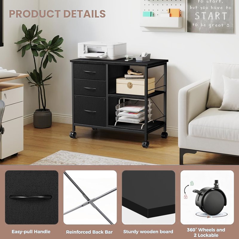 3-Tier Mobile File Cabinet with Lockable Casters and Storage - Rustic Black