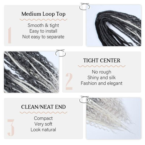Lounoke 24 Inch Double Ended Dreadlock Extensions Sets, 20 Strands 3 In 1 Mixed Synthetic Dreads Extensions, Gray to White Straight&Curly&Boho Handmade Dreads Hippie Style Dreadlocks for Woman