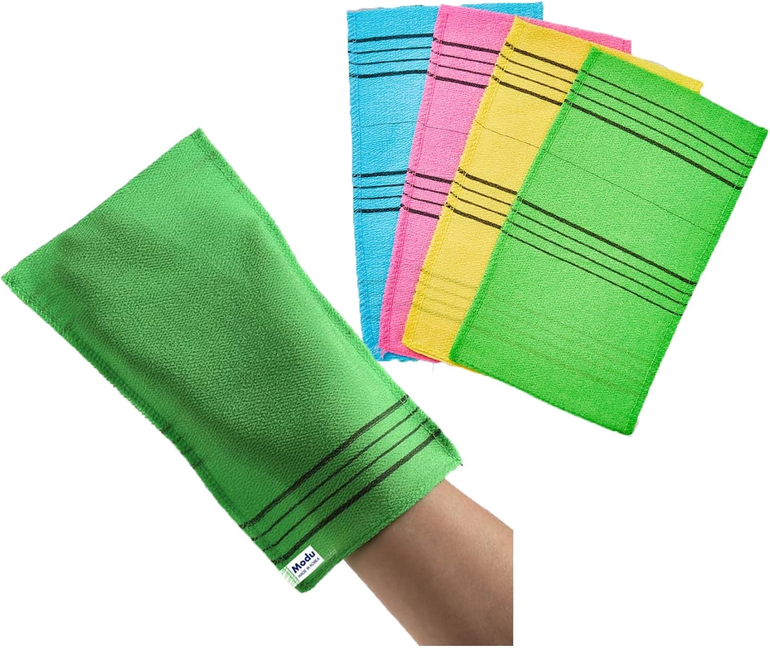Modu 4 Pcs Korean Exfoliating Mitt Bath Washcloth 9.1 x 6 in - Asian Italy Towel (Large 4Pcs Green SkyBlue Pink Yellow)