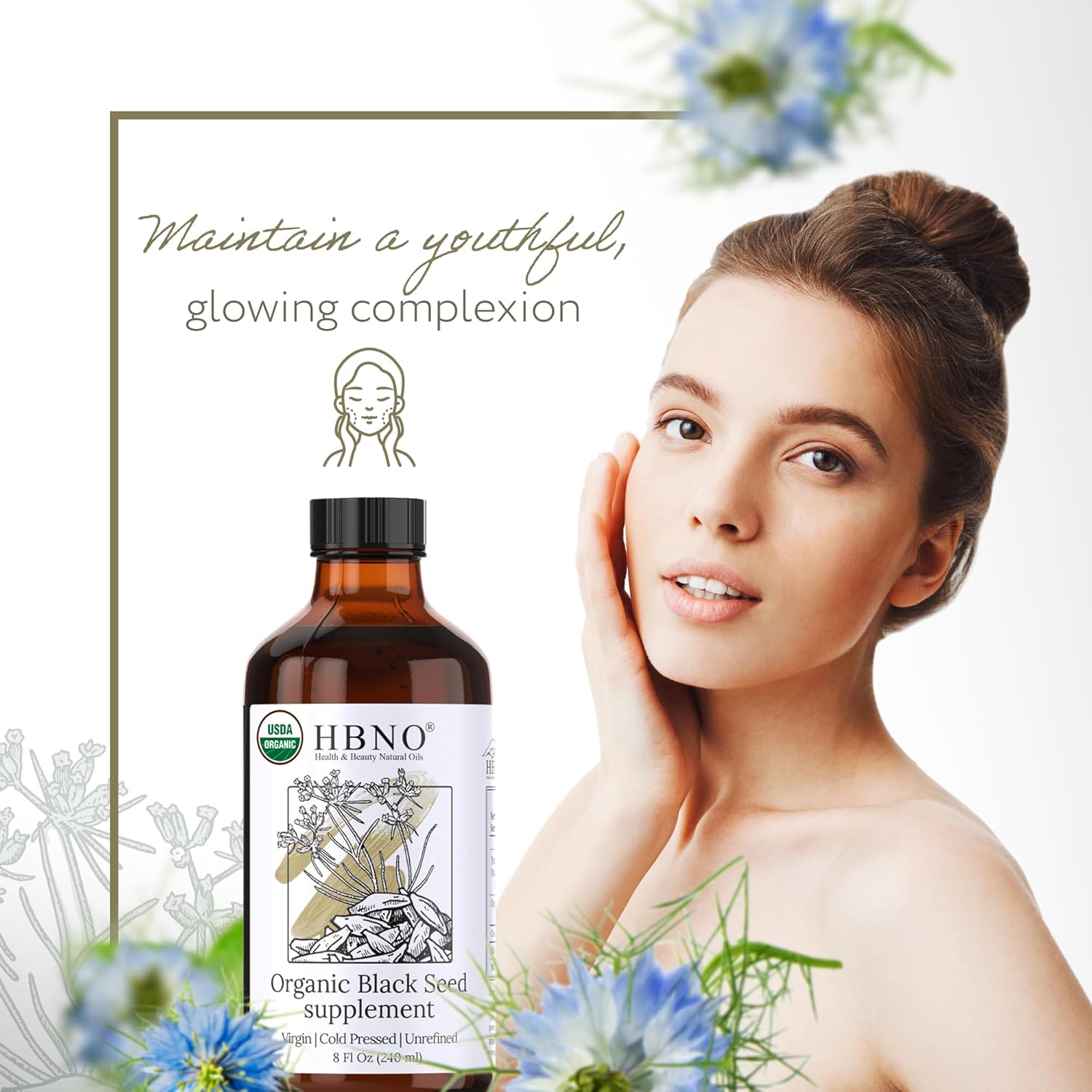 HBNO Organic Black Seed Oil - Huge 4oz (120ml) Glass Bottle Value Size - USDA Certified Organic Black Seed Oil, Cold Pressed for Face, Body, Lips, Shampoo & Conditioner