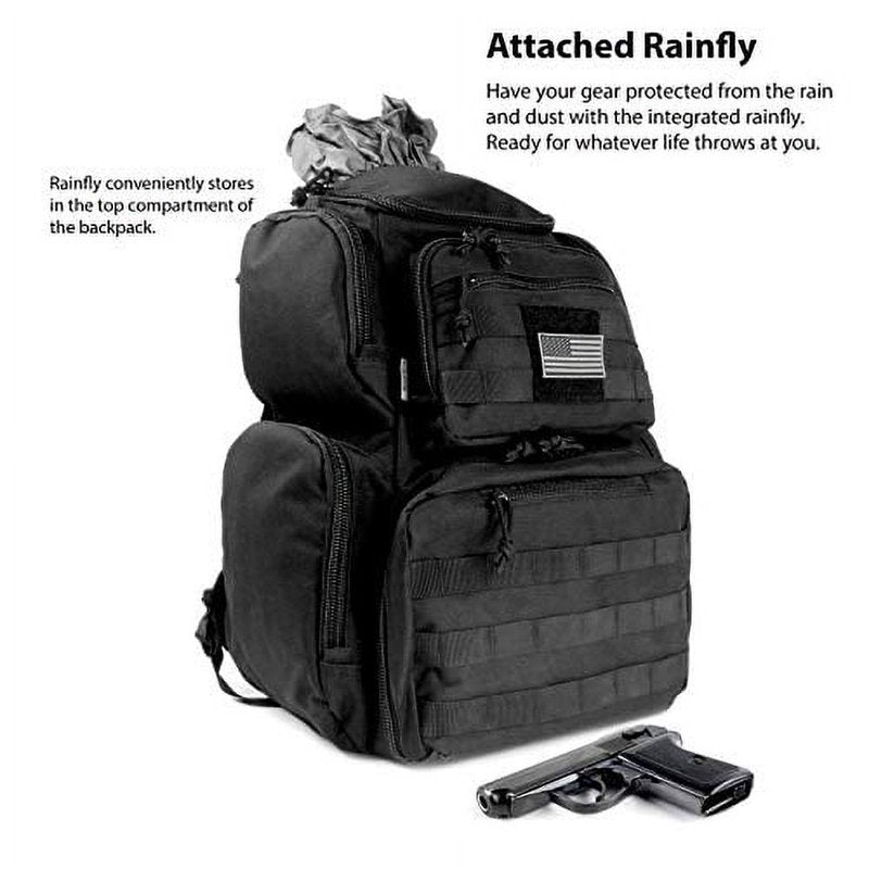 Heavy Duty Range Backpack with Rain Cover - Tactical Shooting Bag, 900D Polyester, US Flag Patch, Black