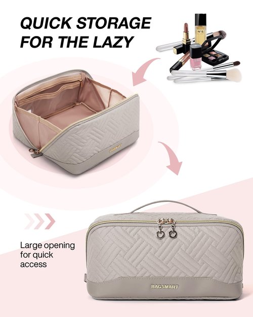 BAGSMART Makeup Bag Cosmetic Bag, Travel Makeup Bag,Water-resistent Makeup Bags for Women Portable Pouch Open Flat Make Up Organizer Case for Toiletries, Brushes, Tranquil Gray