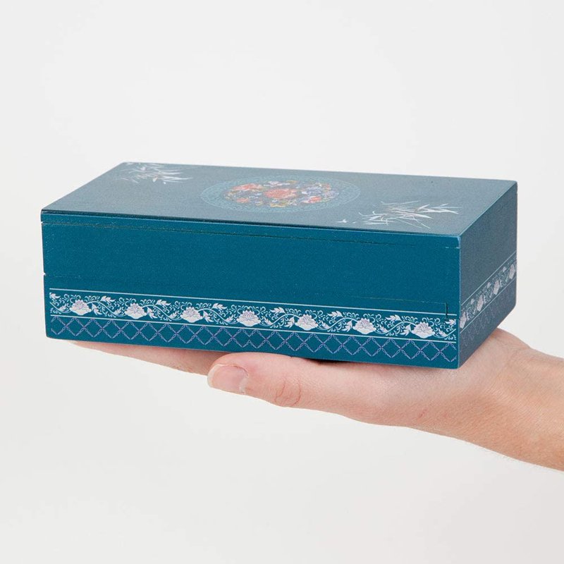 Wooden Secret Puzzle Box with Sliding Mechanism and Hidden Compartment, Teal Decor