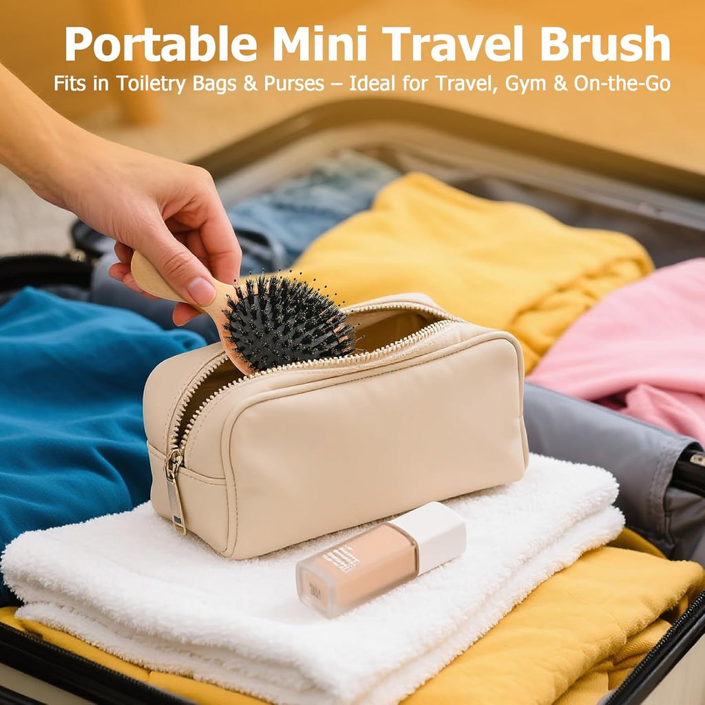 Mini Boar Bristle Hair Brush, Travel Size Boar Bristle HairBrush for Detangle Massage Add Shine - Perfect for Baby Kids Men Women, for Thick, Curly, Thin, Long, Short, Wet or Dry Hair