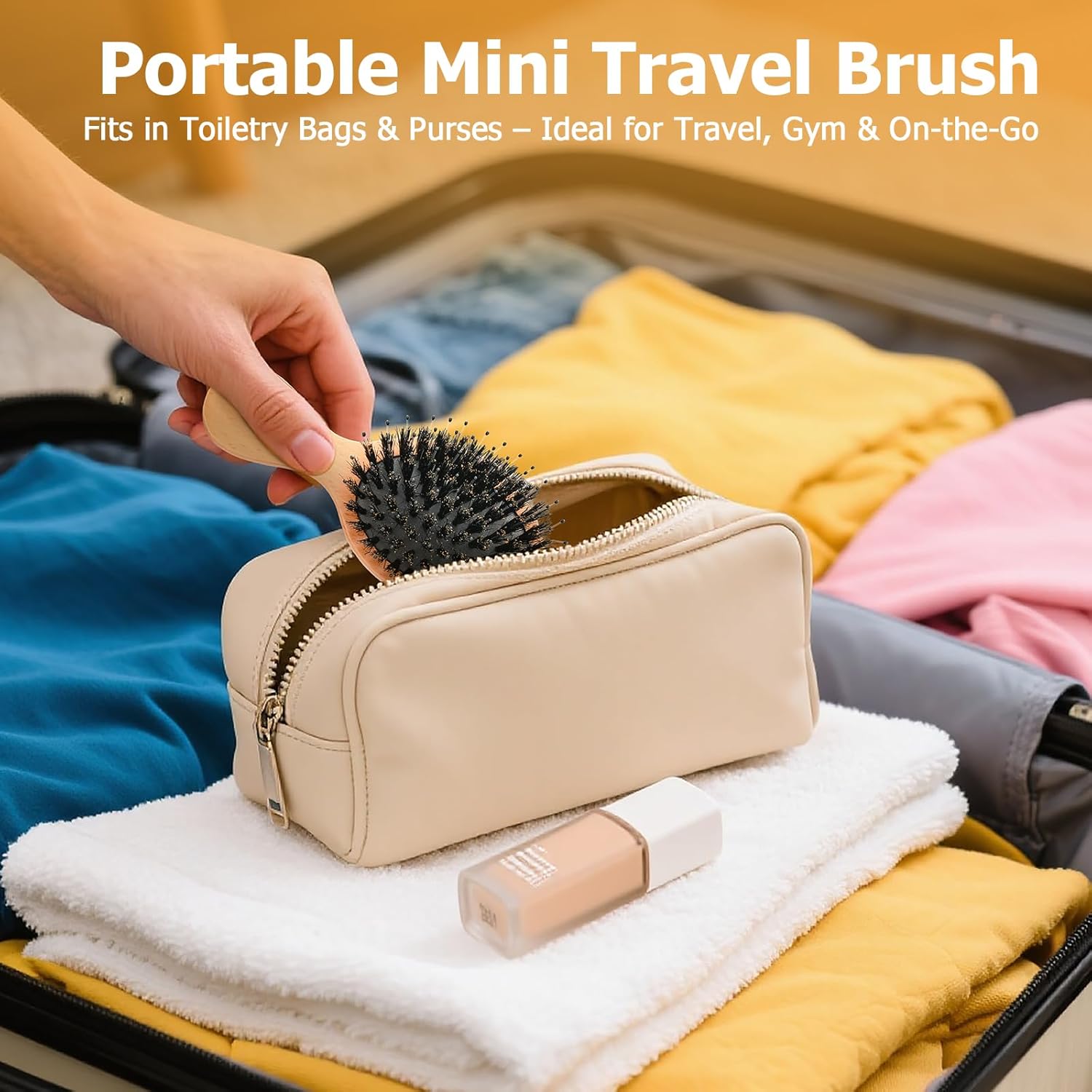 Mini Boar Bristle Hair Brush, Travel Size Boar Bristle HairBrush for Detangle Massage Add Shine - Perfect for Baby Kids Men Women, for Thick, Curly, Thin, Long, Short, Wet or Dry Hair