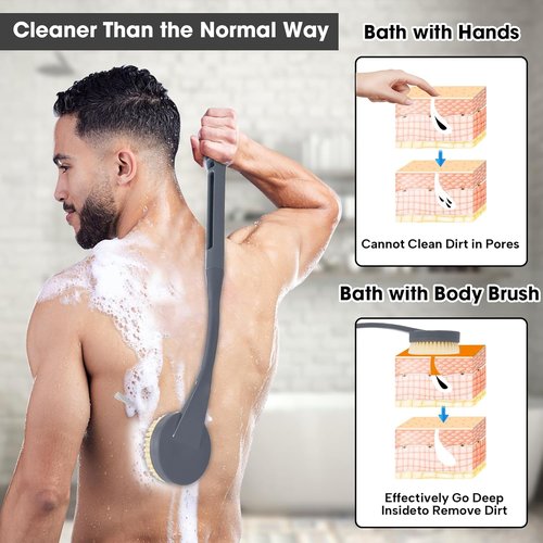 Back Scrubber for Shower,20.5" Bath Brush Long Handle for Deep Cleaning,Back Brush for Shower Men Women(Grey)