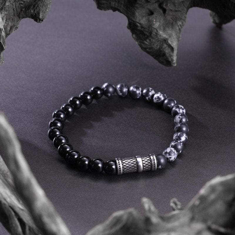 Men's Black Onyx Bead Bracelet with Stainless Steel Accent