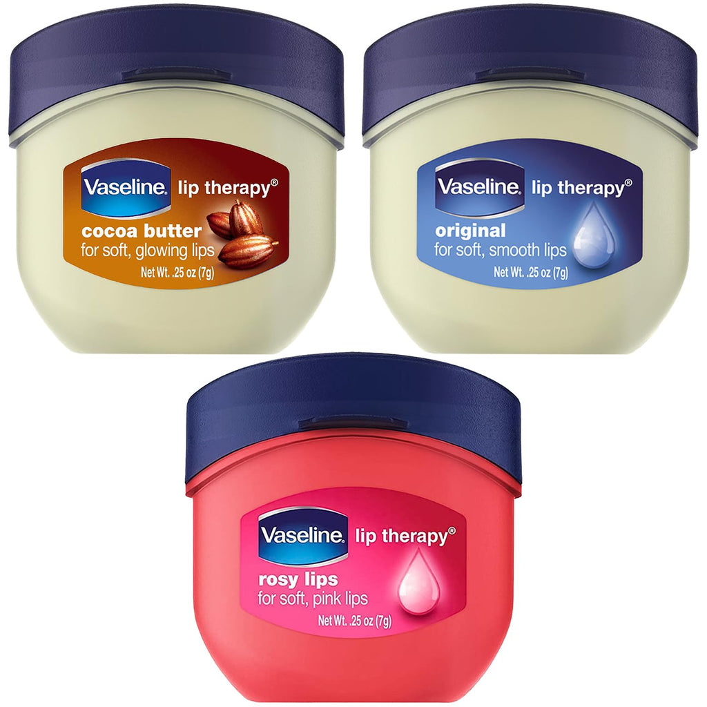 Vaseline Lip Therapy Variety 3-Pack – Crème Brûlée, Rosy Lips, Cocoa Butter Mini Lip Balms for Soft, Glowing, and Deliciously Kissable Lips, 0.25 Oz Ea