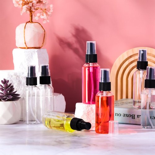 Roshtia 100 Pcs 2 oz Plastic Spray Bottles Mini Spray Bottles with Black Cap Clear Empty Fine Mist Spray Bottles Refillable Liquid Container Sprayer for Essential Oils Perfumes Travel Makeup