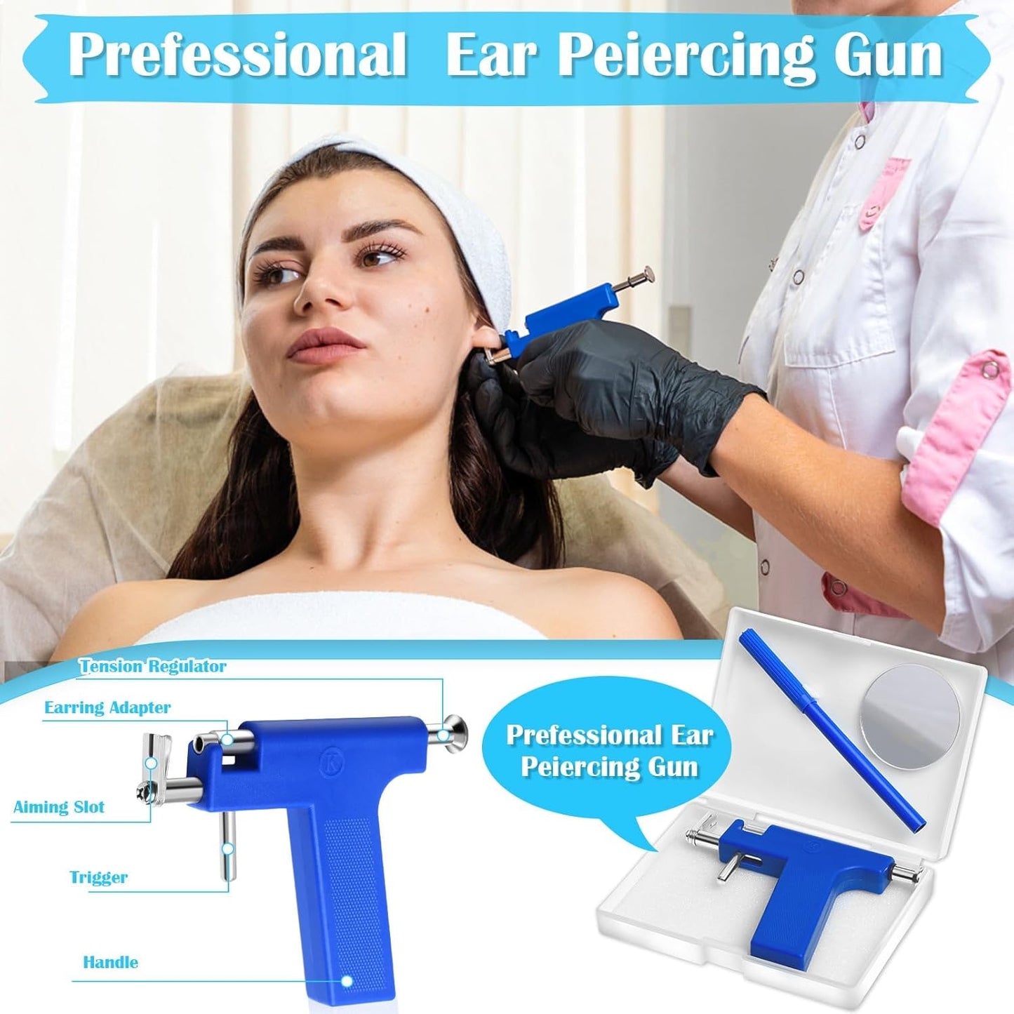 Professional Ear Piercing Gun Kit, Reusable Piercing Gun with Stainless Steel Piercing Earrings Studs, Crystal Earrings for At Home Salon Earlobe Cartilage Helix Tragus Piercing Tool Kit