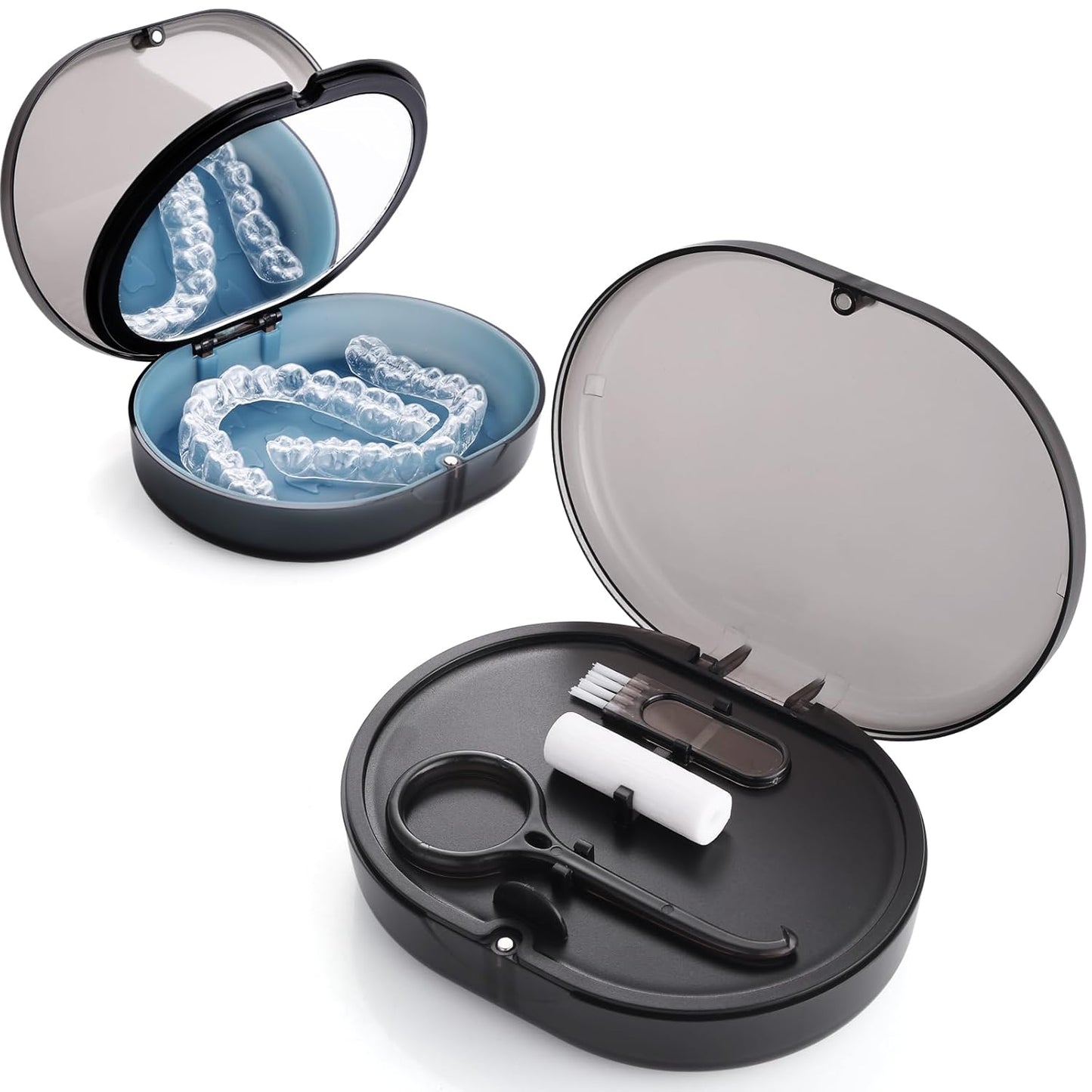 Orthodontic Retainer Storage Case with Cleaning Brush, Mirror & Chewing Tool - Double Layer Design