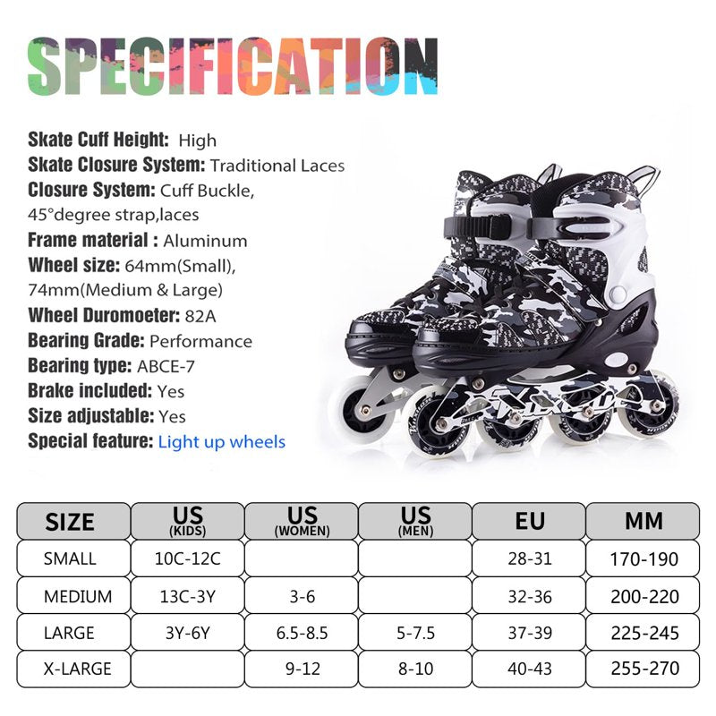 Kids & Youth Adjustable Light Up Inline Skates with Camo Design, Outdoor Roller Blades for Beginners
