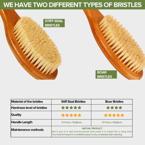 ICANdOIT-17.71Inch Natural Boar Bristles Anti-Slip Long Handle Bath Brush,Bent Handle Shower Scrubber for Exfoliating,Shower Back Brush,Exfoliation Set with Pumice Stone (1 Pack)