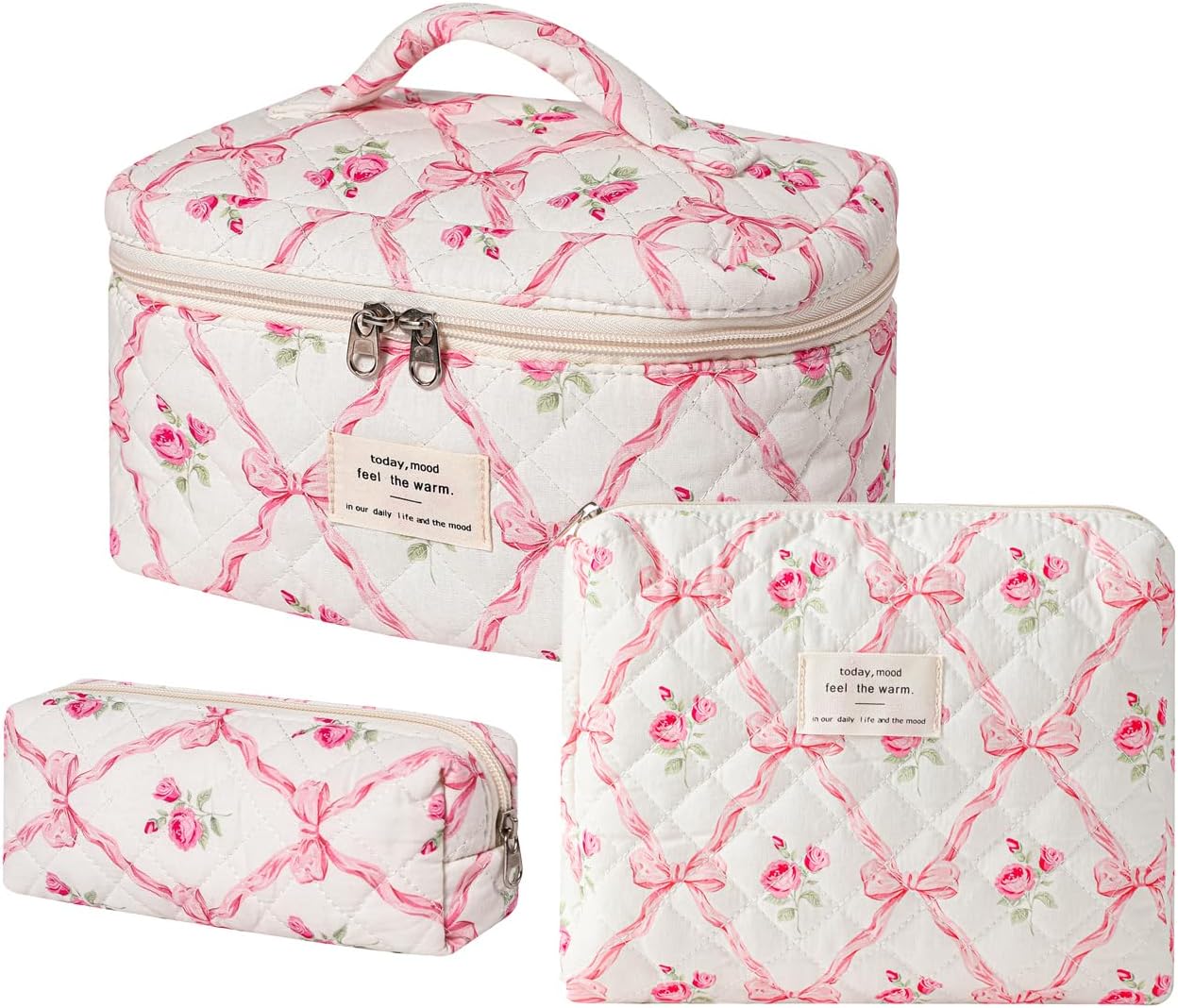 uekeboag Large Travel Quilted Makeup Bag for Women, Floral Cotton Cosmetic Bag, Coquette Aesthetic Floral Toiletry Organizer Bag