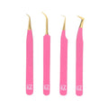 M LASH Tweezers for Eyelash Extensions (Set of 4) - Professional Lash Extension Tweezers - Fiber Tip, Japanese Steel, Diamond Grip Eyelash Extension Tweezer (Pink)